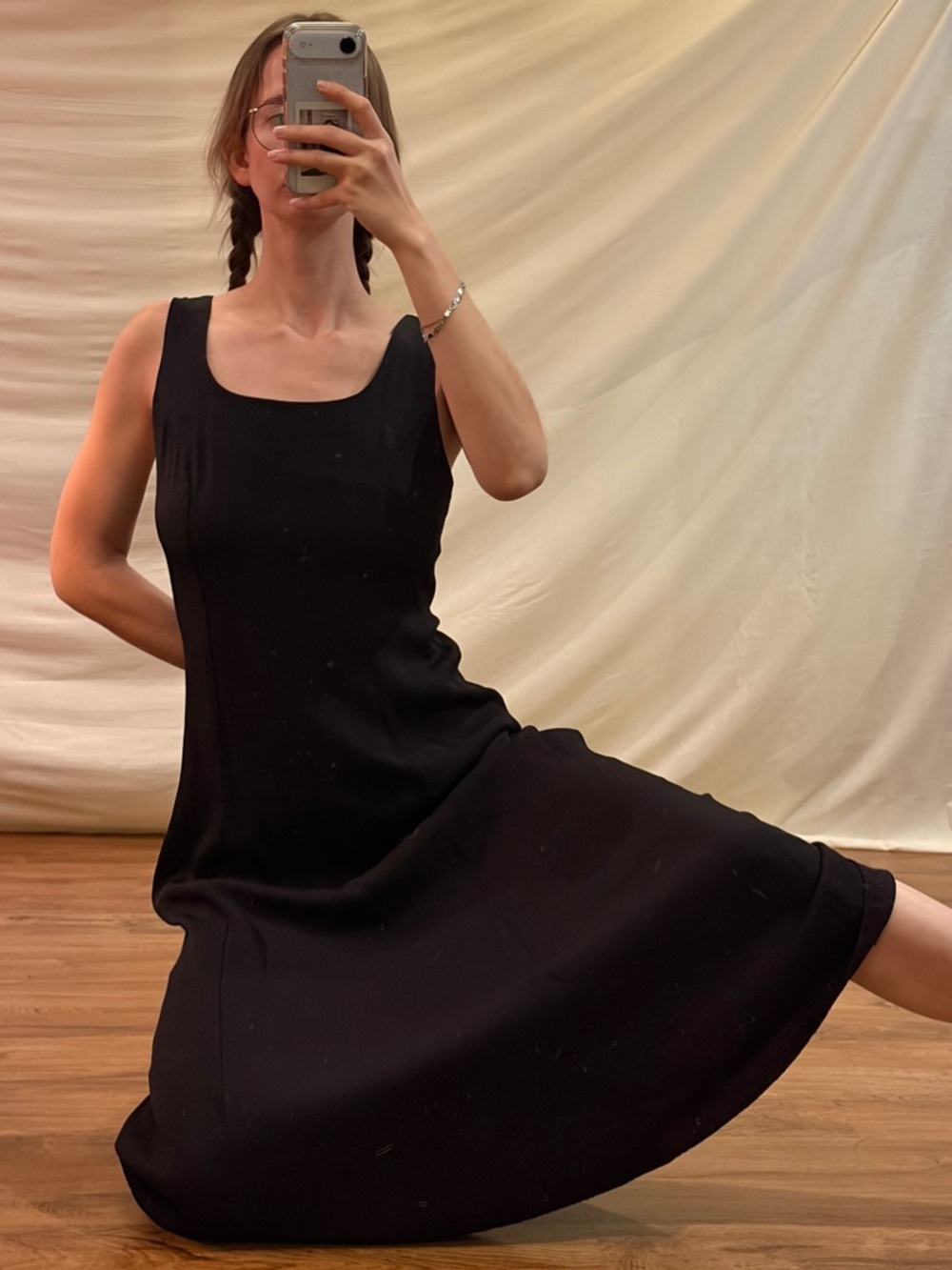 Vintage Classic Black Square-Neck Midi Dress